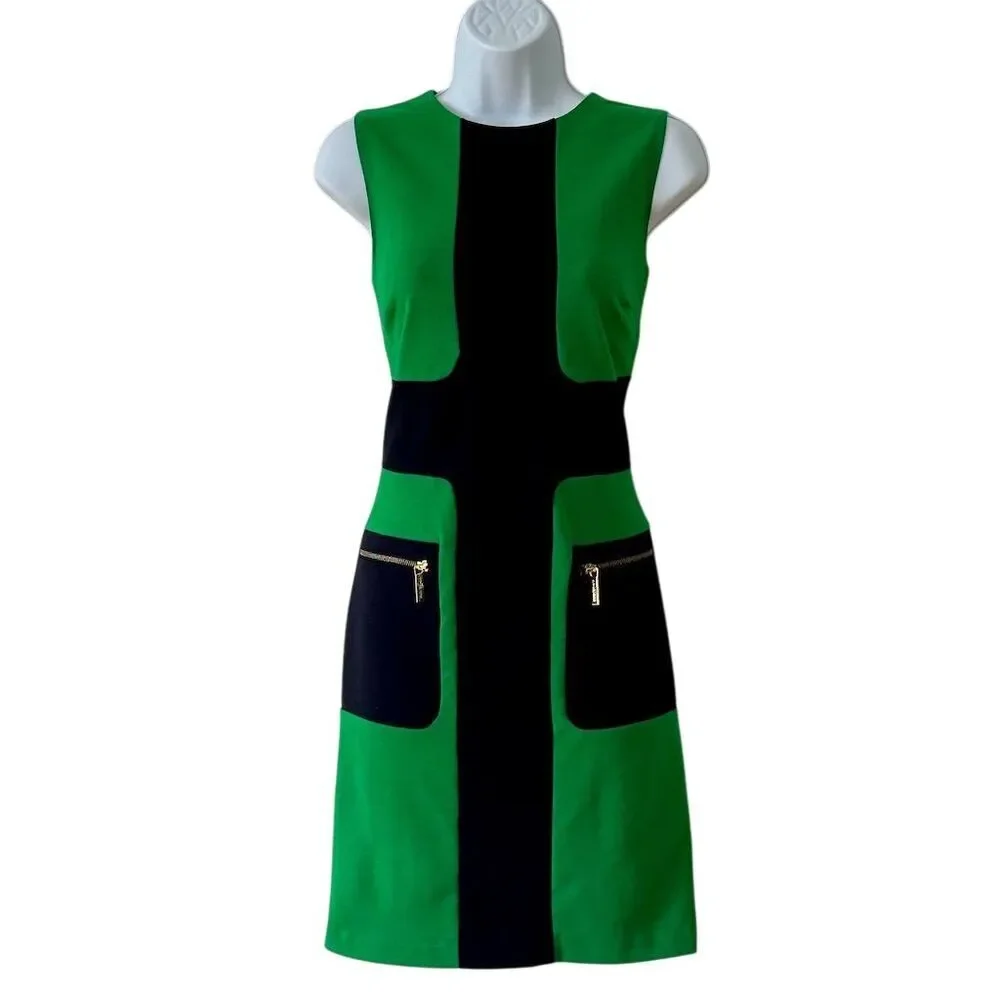 Michael Kors Women's Size 4 Green & Black Colorblock Sheath Dress - Picture 3 of 10